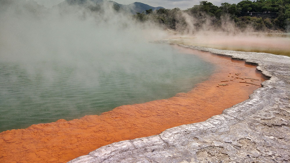 Bright Orange Rim pool at Waiotapu - Champagne Pool in Rotorua, New Zealand - Pic by Alex from Discover Aotearoa