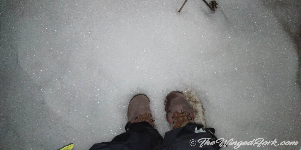 My feet in the snow – on the way back from peeing in the woods - Pic by Abby from TheWingedFork