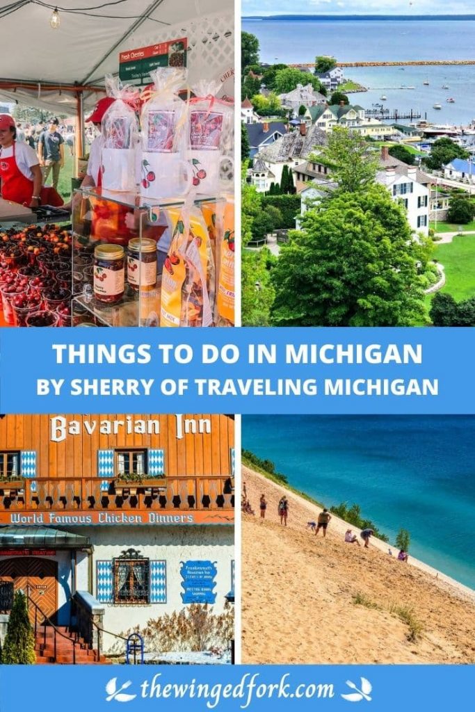 Pinterest image of Traverse city, Mackinac Island and a Frankenmuth inn in Michigan.