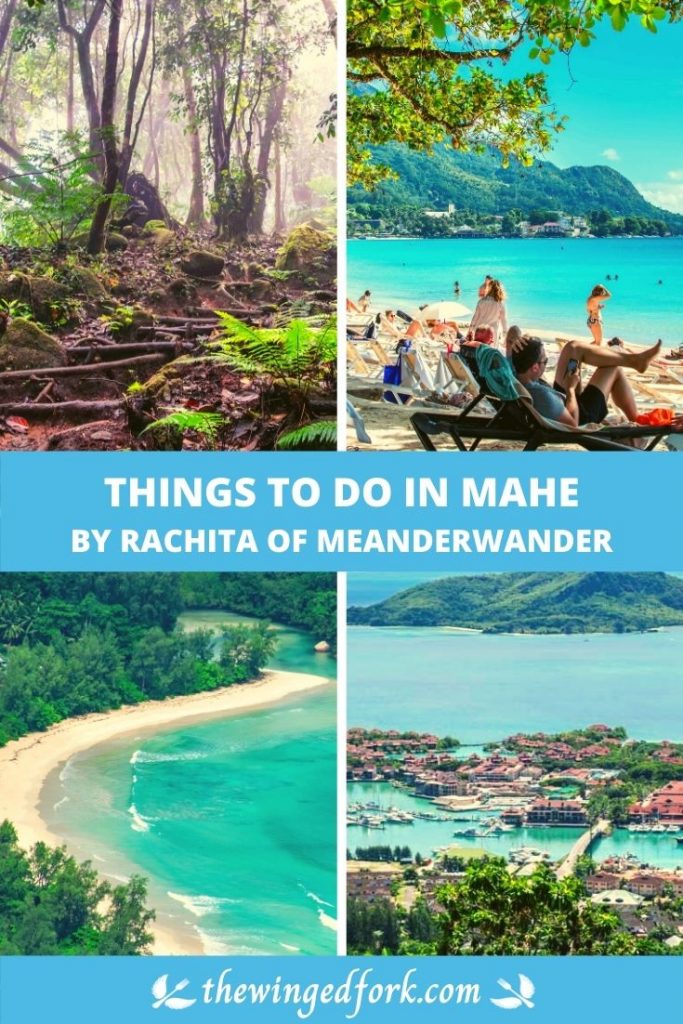 Pinterest image of forest, beach, seashore and islands in Mahe.