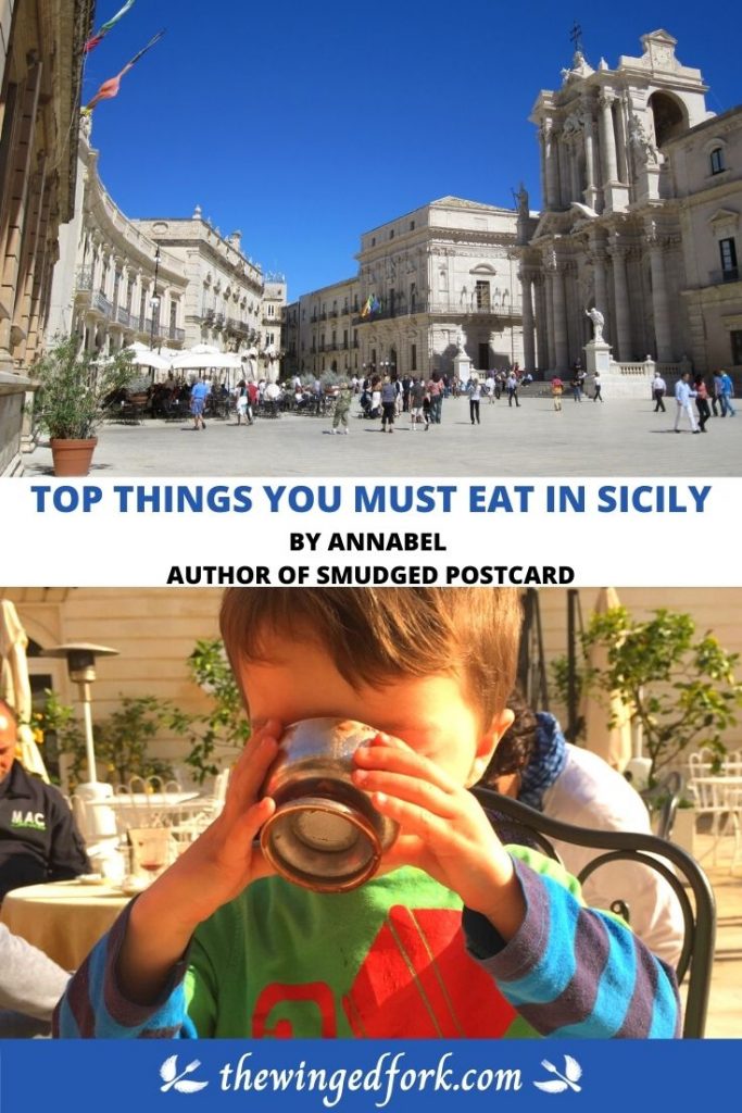 Pinterest image of Sicilian architecture and a child eating.