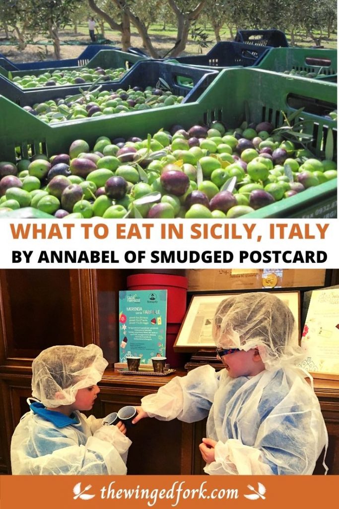 Pinterest image of olives being harvested and children tasting Italian chocolate.