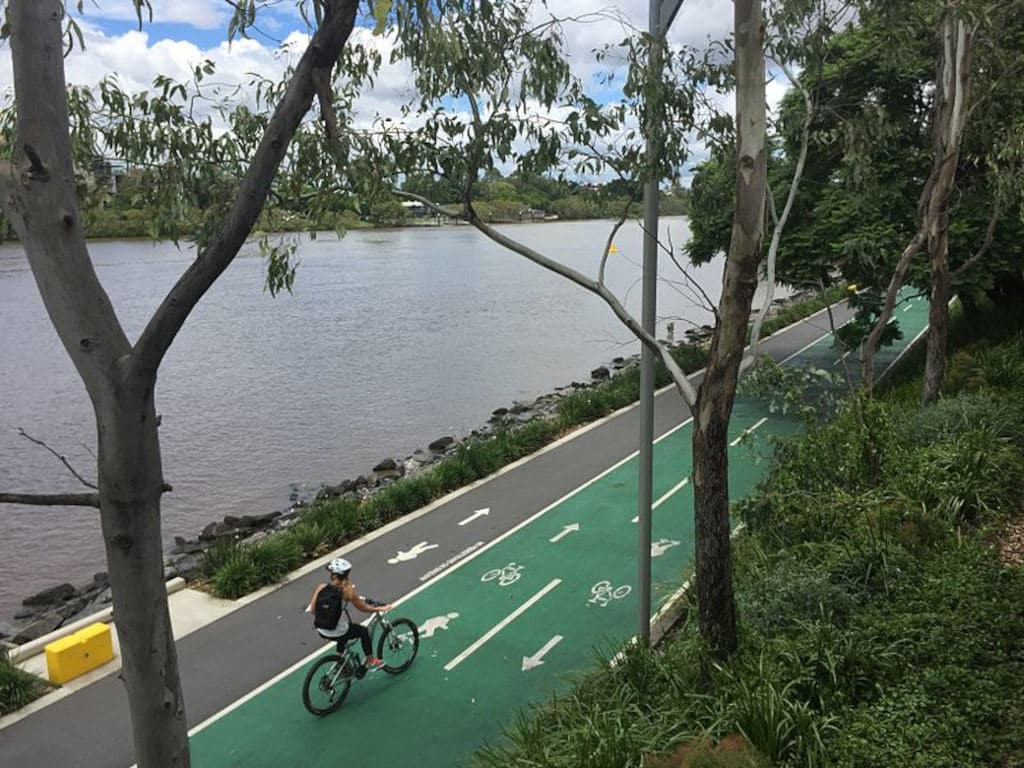 Biker on bike path along Brisbane river.