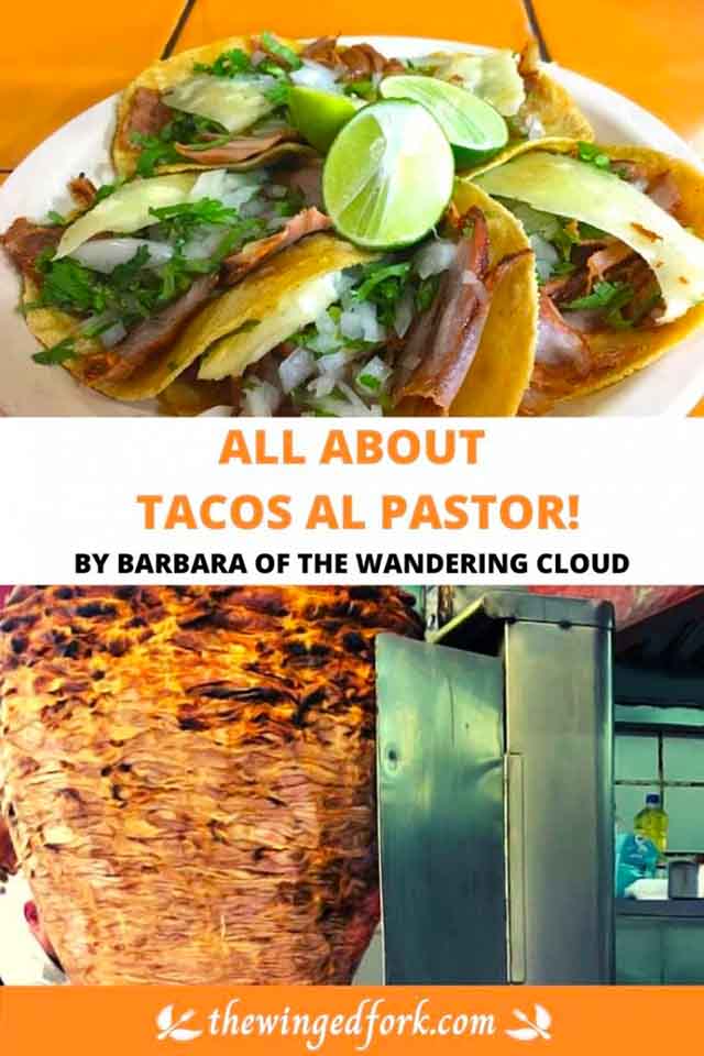 Pin image of tacos and shwarama for post about Tacos Al Pastor - By Barbara of The Wandering Cloud.