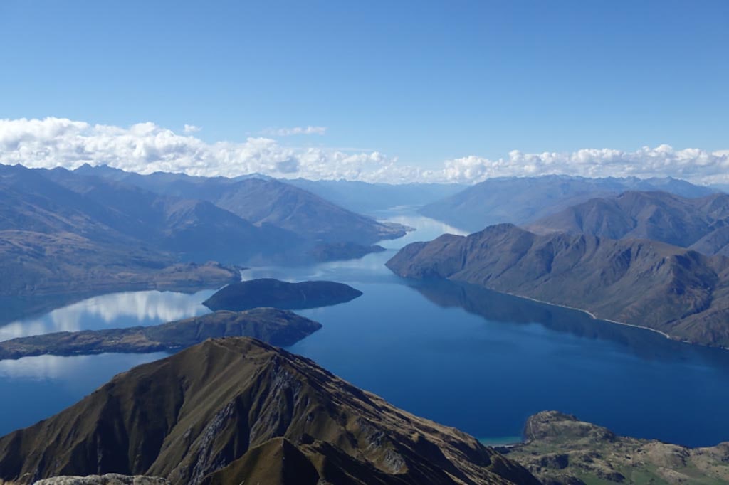 Blue sky view from the mountain top at Wanaka.