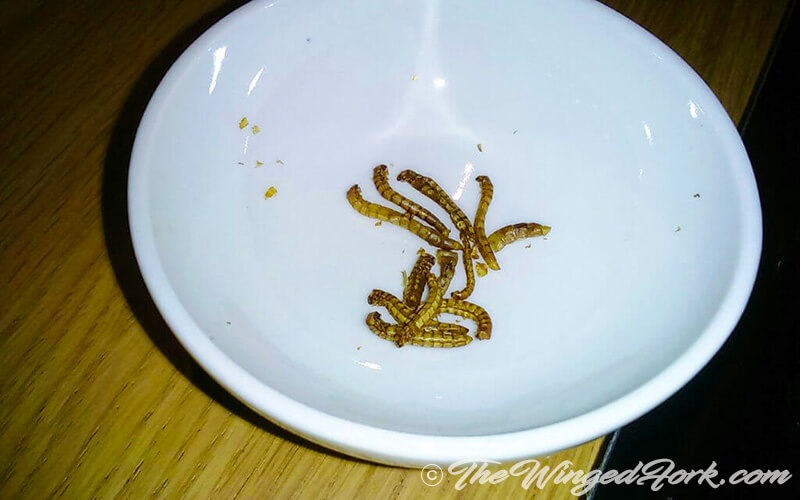 Fried flower worms in a 2-inch white bowl.