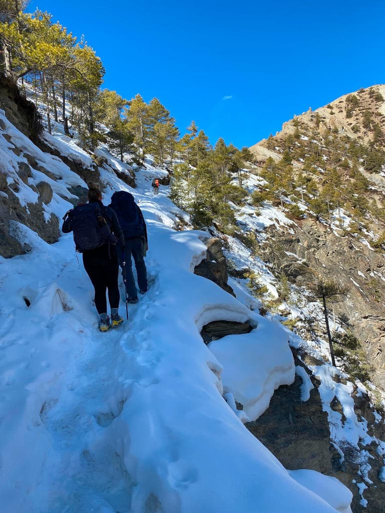 Hiking to Manang in the snow.