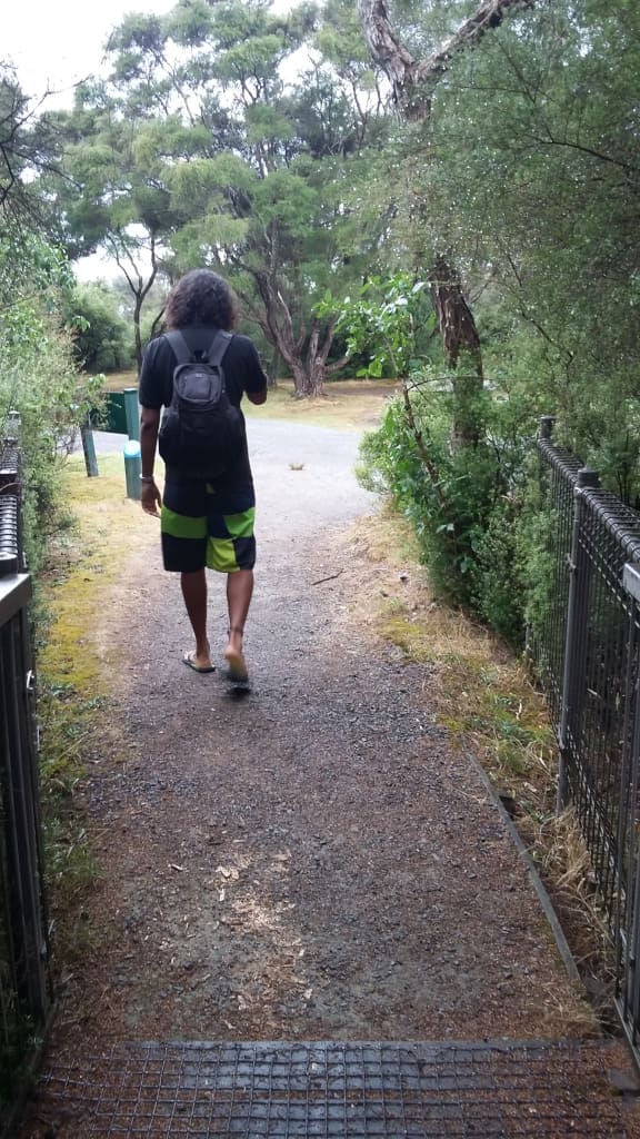 My brother Aaron walking along a treelined path.