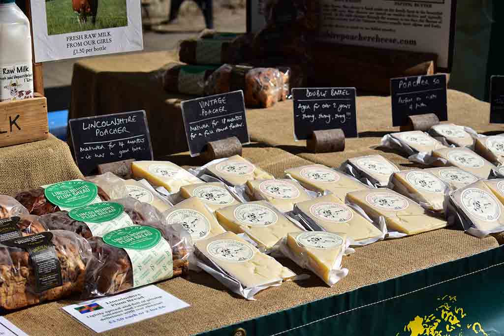 Lincoln farmers market cheese stall display..