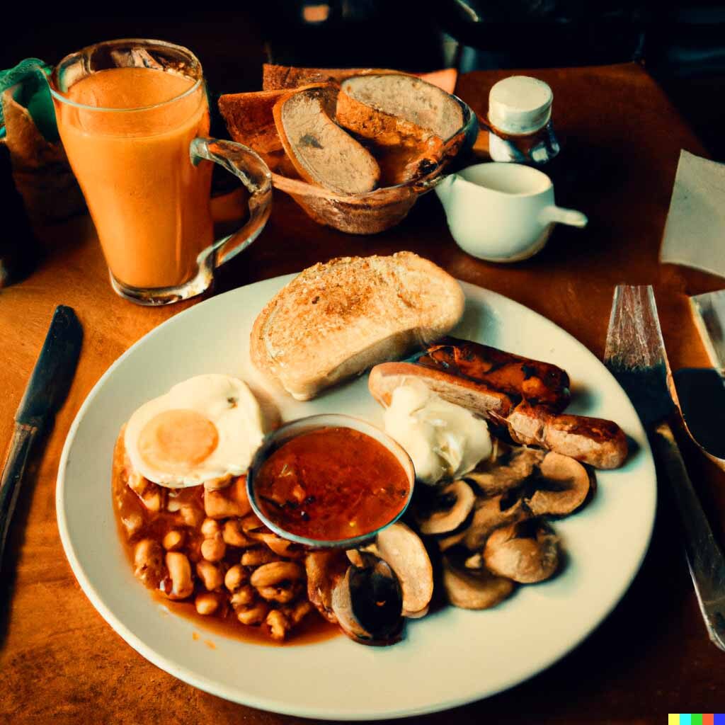 Breakfast consists of bacon, sausages, fried eggs, baked beans, black pudding, and toast served on the table.