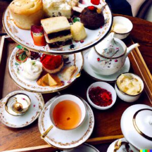 Tea, finger sandwiches, scones with clotted cream and jam, and a tempting selection of pastries.