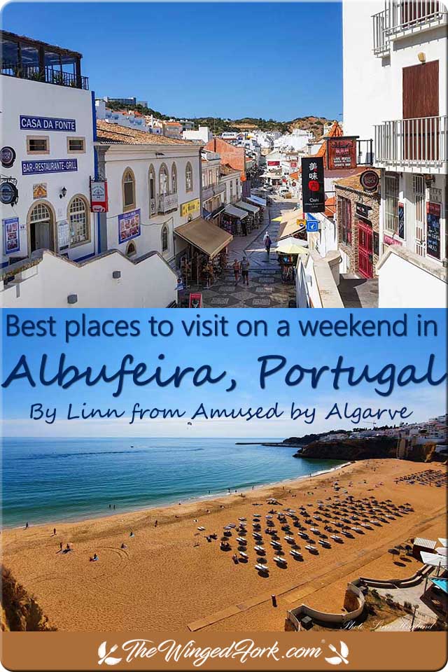 Pinterest images of Albufeira shopping street and beach.